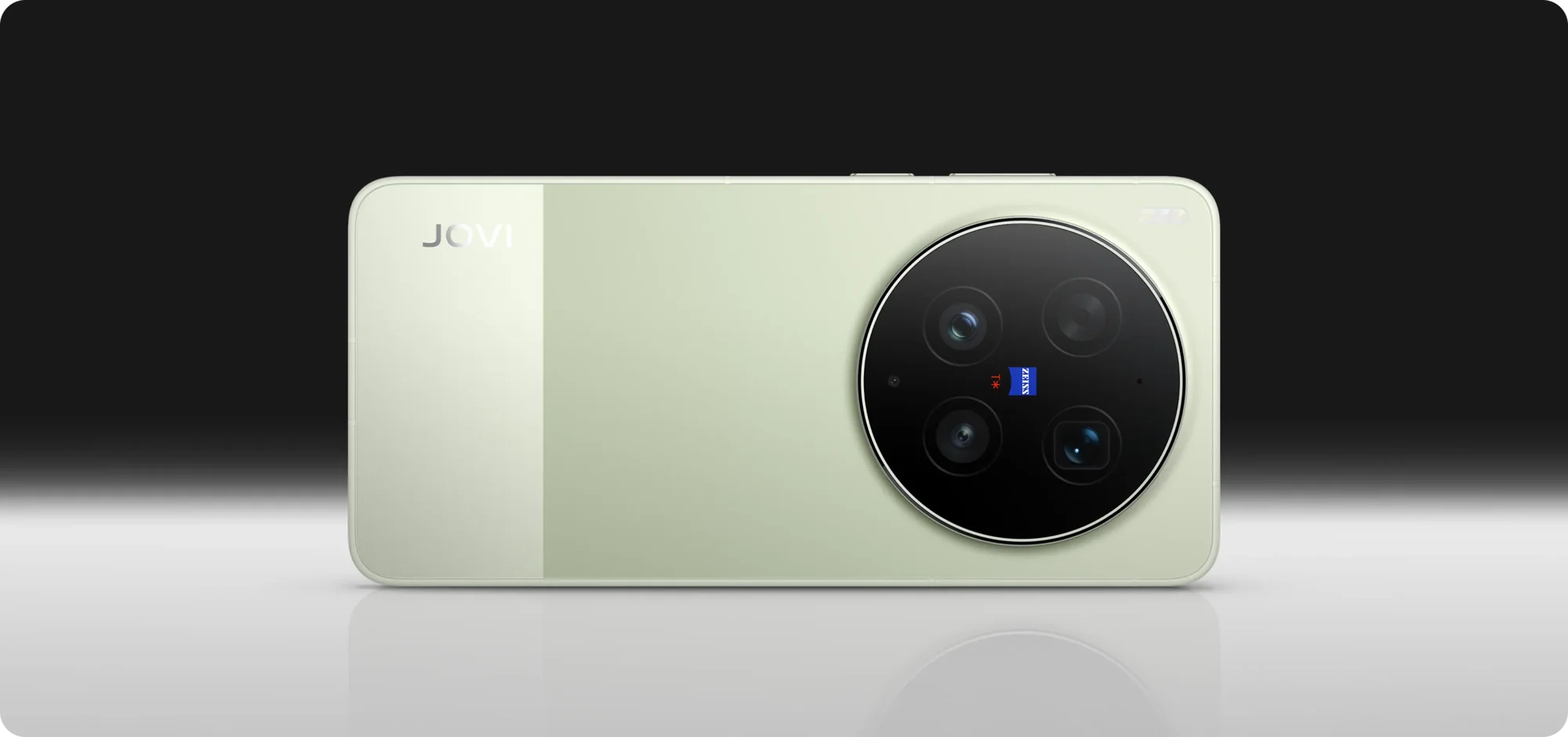 Traseira do smartphone JOVI X300 Ultra na cor Verde Sálvia, em posição horizontal, com o módulo circular de câmeras ZEISS